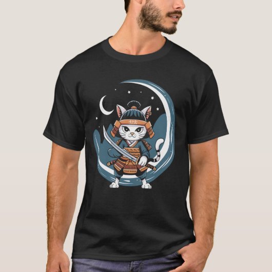 サムライキャットウォリアーフルムーンアート Tシャツ (正面)