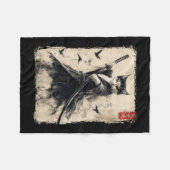 サムライキャットグラフィックTee戦士ヴィンテージ日本のA フリースブランケット (正面(横))