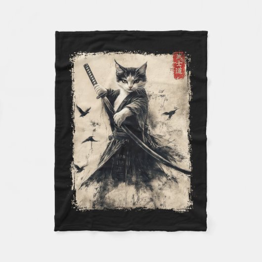サムライキャットグラフィックTee戦士ヴィンテージ日本のA フリースブランケット (正面)