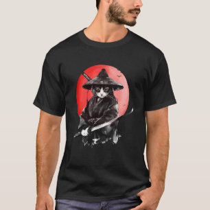 サムライキャットサンセットビンテージ浮世絵戦士アートキャット Tシャツ