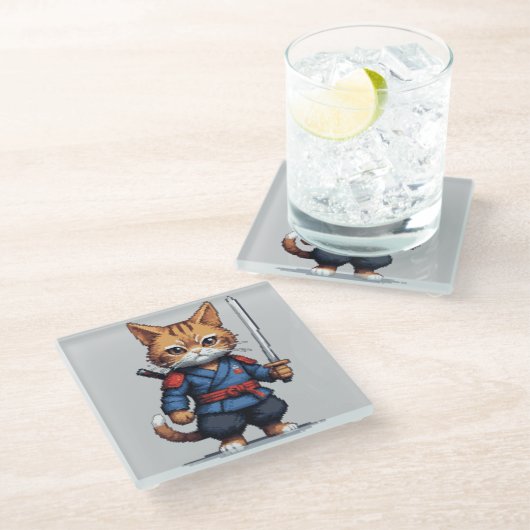 サムライキャットピクセルアート ガラスコースター (アングル)