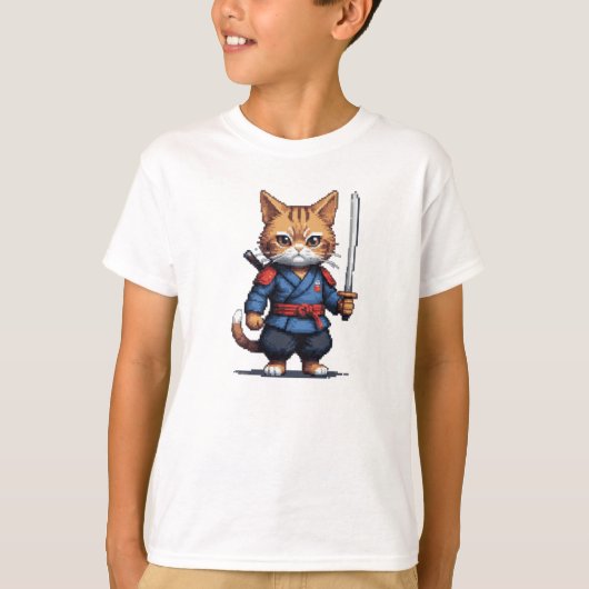 サムライキャットピクセルアート Tシャツ (正面)