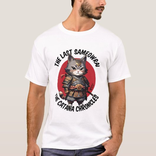 サムライキャットメンズホワイト Tシャツ (正面)