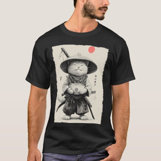 サムライキャットラーメン 美しい日本の浮世絵 アニメ Tシャツ (正面)