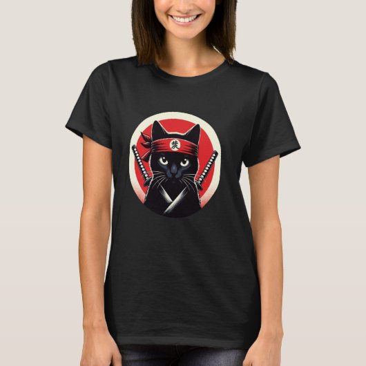 サムライキャット戦士カタナ日本の忍者アート Tシャツ (正面)