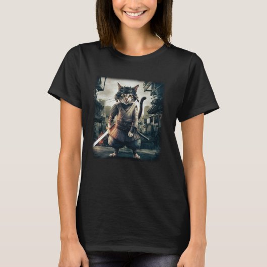 サムライキャット日本人武士ビンテージ Tシャツ (正面)