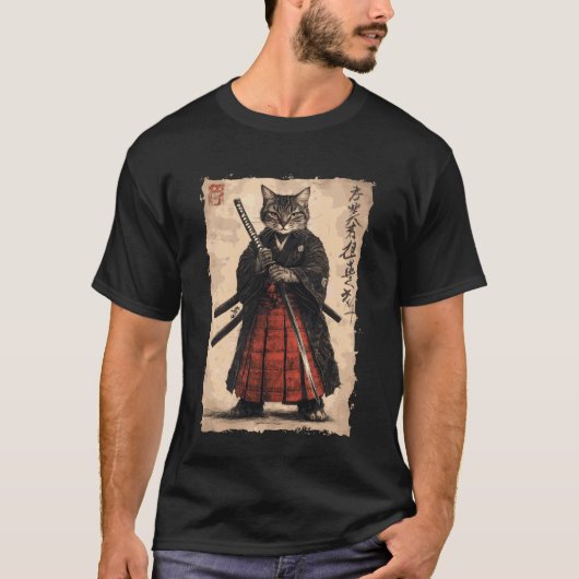 サムライキャット漢字 - 日本の武士力剣 Tシャツ (正面)