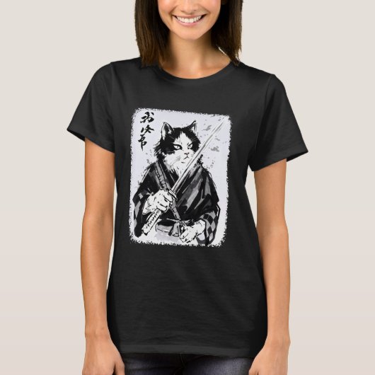 サムライキャット ビンテージ 浮世絵 武士 グラフィック Tシャツ (正面)
