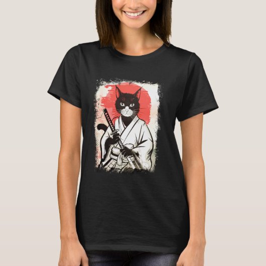 サムライキャット 和風アートスタイル 古風忍者 サムライ Tシャツ (正面)