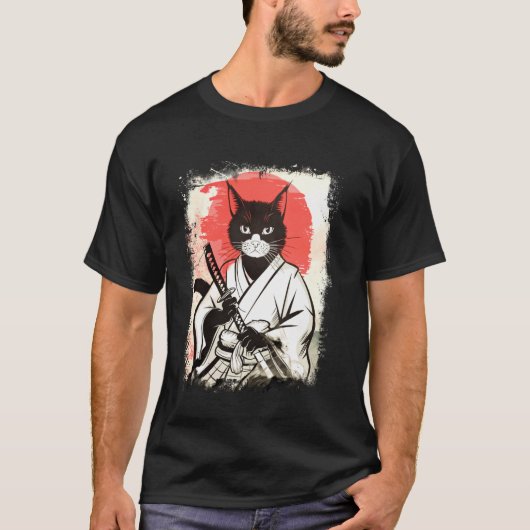 サムライキャット 和風アートスタイル 古風忍者 サムライ Tシャツ (正面)