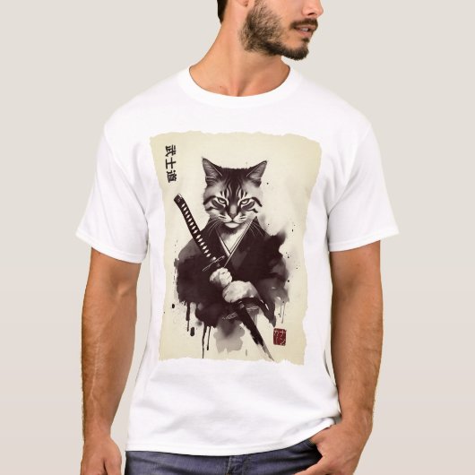 サムライキャット、激しい日本美術 Tシャツ (正面)