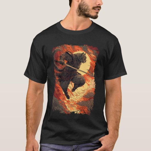 サムライキャット - 炎の忍者ジャンプ Tシャツ (正面)