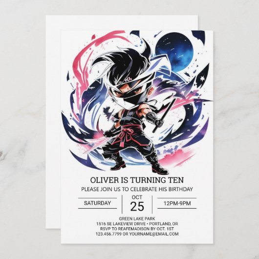 サムライソード忍者キッズ誕生日 招待状 (正面/裏面)