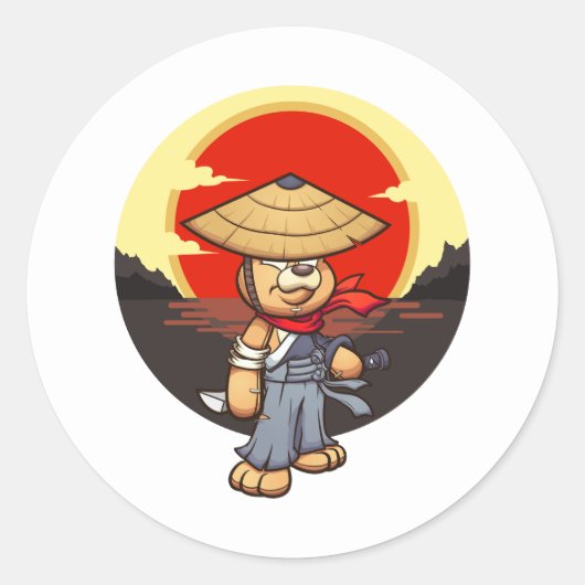 サムライテディベアキャラクターと夕日 ラウンドシール (正面)