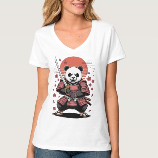 サムライパンダベアー 女性用VネックTシャツ Tシャツ (正面)