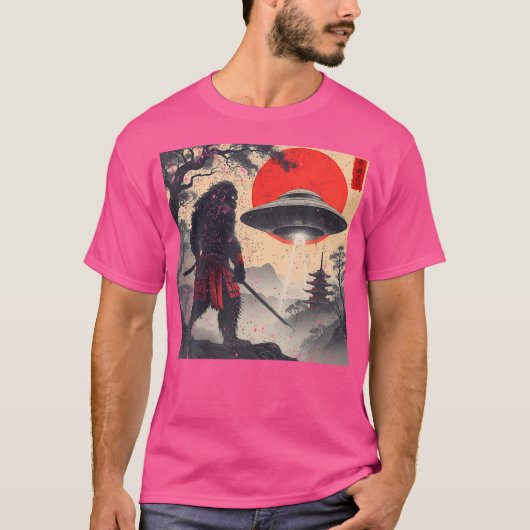 サムライビッグ日本のフットUfoヴィンテージグラフィック浮世絵 Tシャツ (正面)