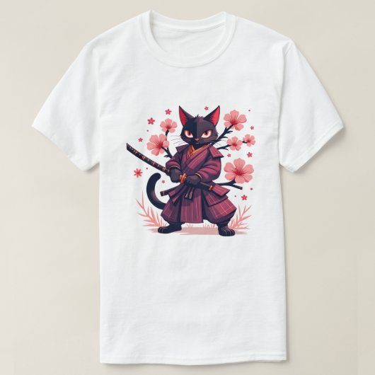 サムライブラックキャット日本のエステティさくらんぼブロッサム Tシャツ (デザイン正面)