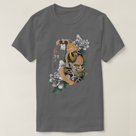 サムライボアドッグ浮世絵花日本の戦士L Tシャツ (デザイン正面)