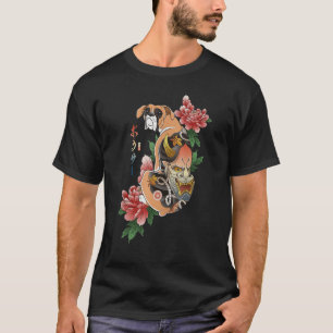 サムライボクサードッグ浮世絵花日本の戦士 Tシャツ