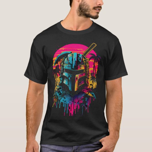 サムライ合成波カラフル80年代グラフィック Tシャツ (正面)