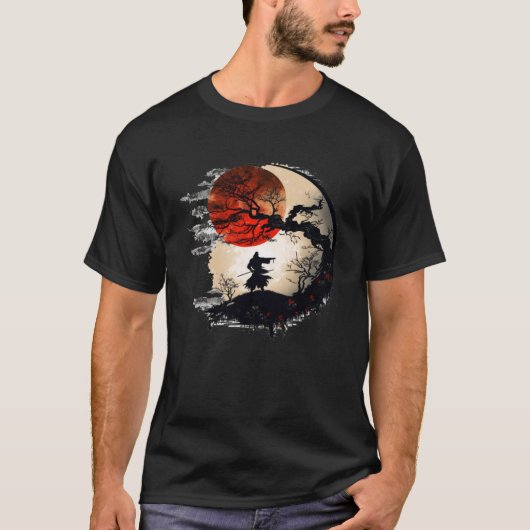 サムライ日本のさくらんぼ咲く赤い月の木L Tシャツ (正面)