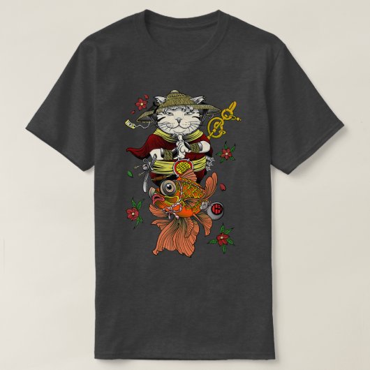 サムライ日本のカタナ忍者猫とコイ魚車 Tシャツ (デザイン正面)