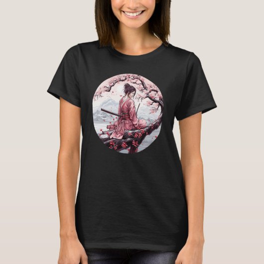 サムライ日本のガールヴィンテージレトロ桜さくらんぼ Tシャツ (正面)