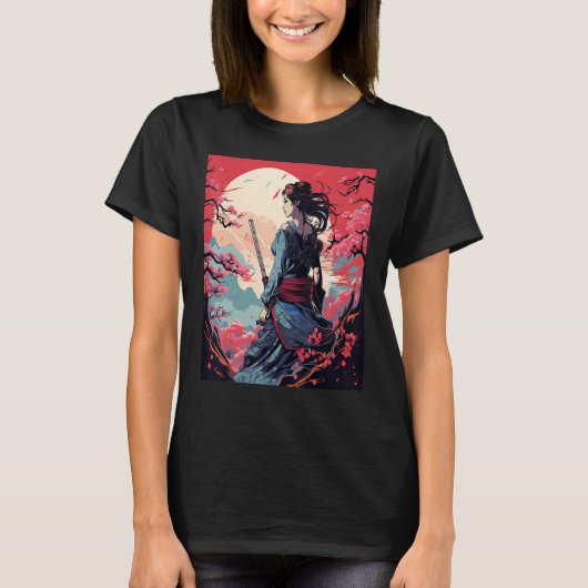 サムライ日本のガールヴィンテージレトロ桜さくらんぼ Tシャツ (正面)