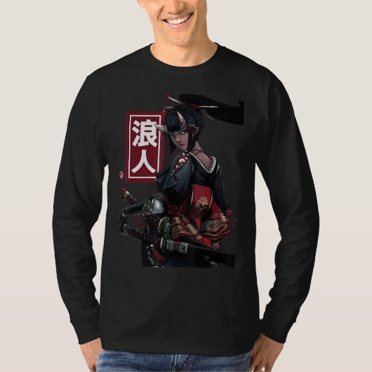 サムライ日本のガール及びヴィンテージ桜さくらんぼBl Tシャツ (正面)