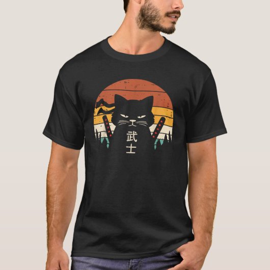 サムライ日本のキャットウォリアーレトロ忍者メンズ Tシャツ (正面)