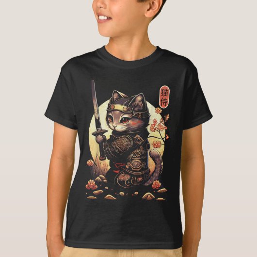 サムライ日本のキャットタトゥーかわいい忍者キャット Tシャツ (正面)