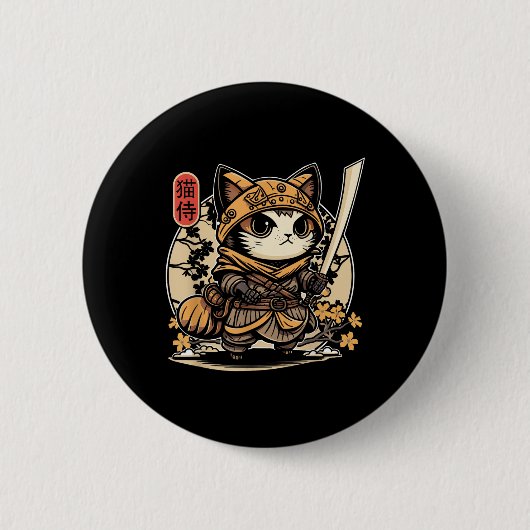 サムライ日本のキャットタトゥーかわいい忍者キャットCat _3 缶バッジ (正面)