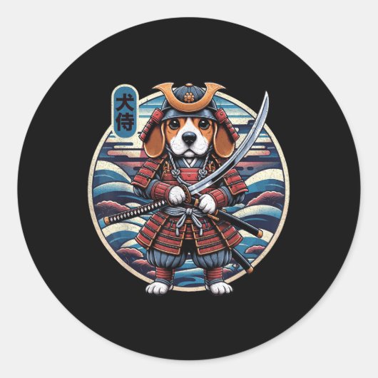 サムライ日本のドッグタトゥー、ベーグルかわいい忍者_ ラウンドシール (正面)