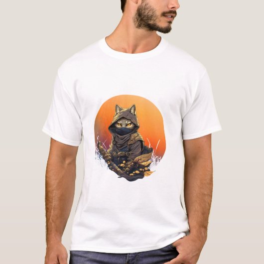 サムライ日本のネコのタトゥーかわいい忍者ネコ長 Tシャツ (正面)
