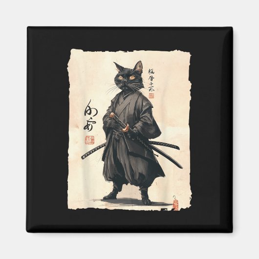 サムライ日本のネコ猫好きおもしろい男性へ マグネット (正面)