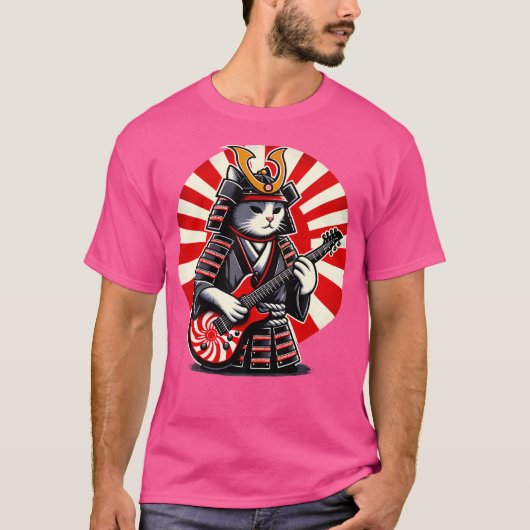 サムライ日本のネコ遊のエレキギターの演奏家 Tシャツ (正面)