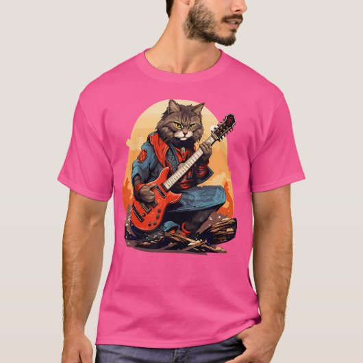 サムライ日本のネコ遊のエレキギター Tシャツ (正面)