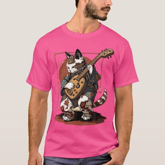 サムライ日本のネコ遊のエレキギター Tシャツ (正面)