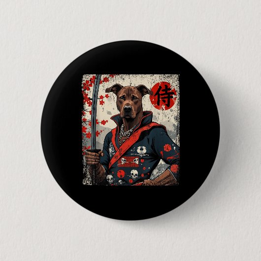 サムライ日本のピットブルタトゥーかわいい浮世絵人 缶バッジ (正面)