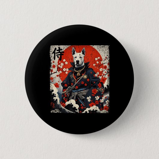 サムライ日本のピットブルタトゥーかわいい浮世絵人 缶バッジ (正面)