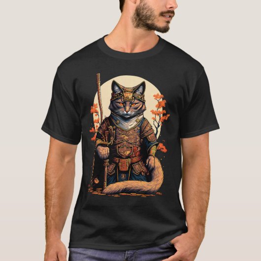 サムライ日本のンの刀猫戦士サムライ猫 Tシャツ (正面)