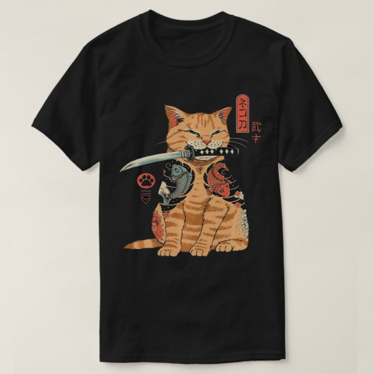サムライ日本の忍者猫かわいいタトゥーグラフィック Tシャツ (デザイン正面)
