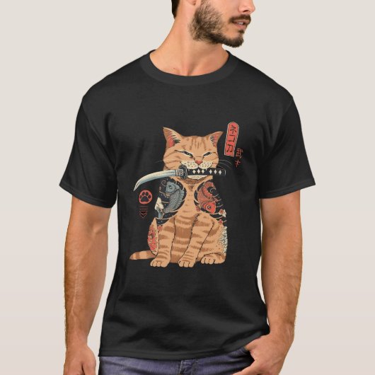 サムライ日本の忍者猫かわいいタトゥーグラフィック Tシャツ (正面)