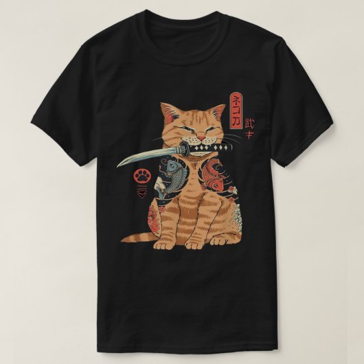 サムライ日本の忍者猫かわいいタトゥーグラフィック Tシャツ (デザイン正面)