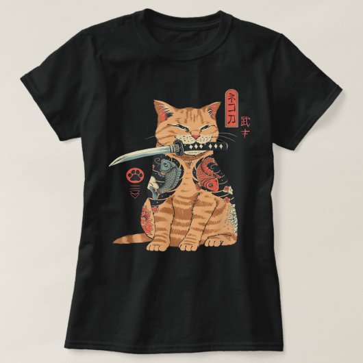 サムライ日本の忍者猫かわいいタトゥーグラフィック Tシャツ (デザイン正面)
