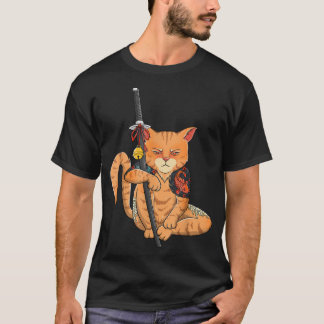 サムライ日本の忍者猫かわいいタトゥーグラフィックP Tシャツ