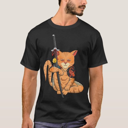 サムライ日本の忍者猫かわいいタトゥーグラフィックP Tシャツ (正面)