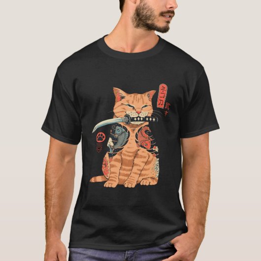 サムライ日本の忍者猫かわいいタトゥー Tシャツ (正面)