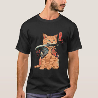 サムライ日本の忍者猫かわいいタトゥー Tシャツ