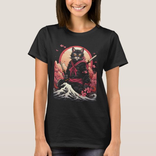 サムライ日本の忍者猫レトロタトゥーグラフィック26 Tシャツ (正面)